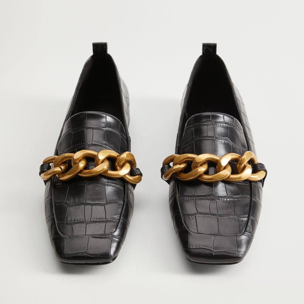 Black  crocodile effect gold chain loafers